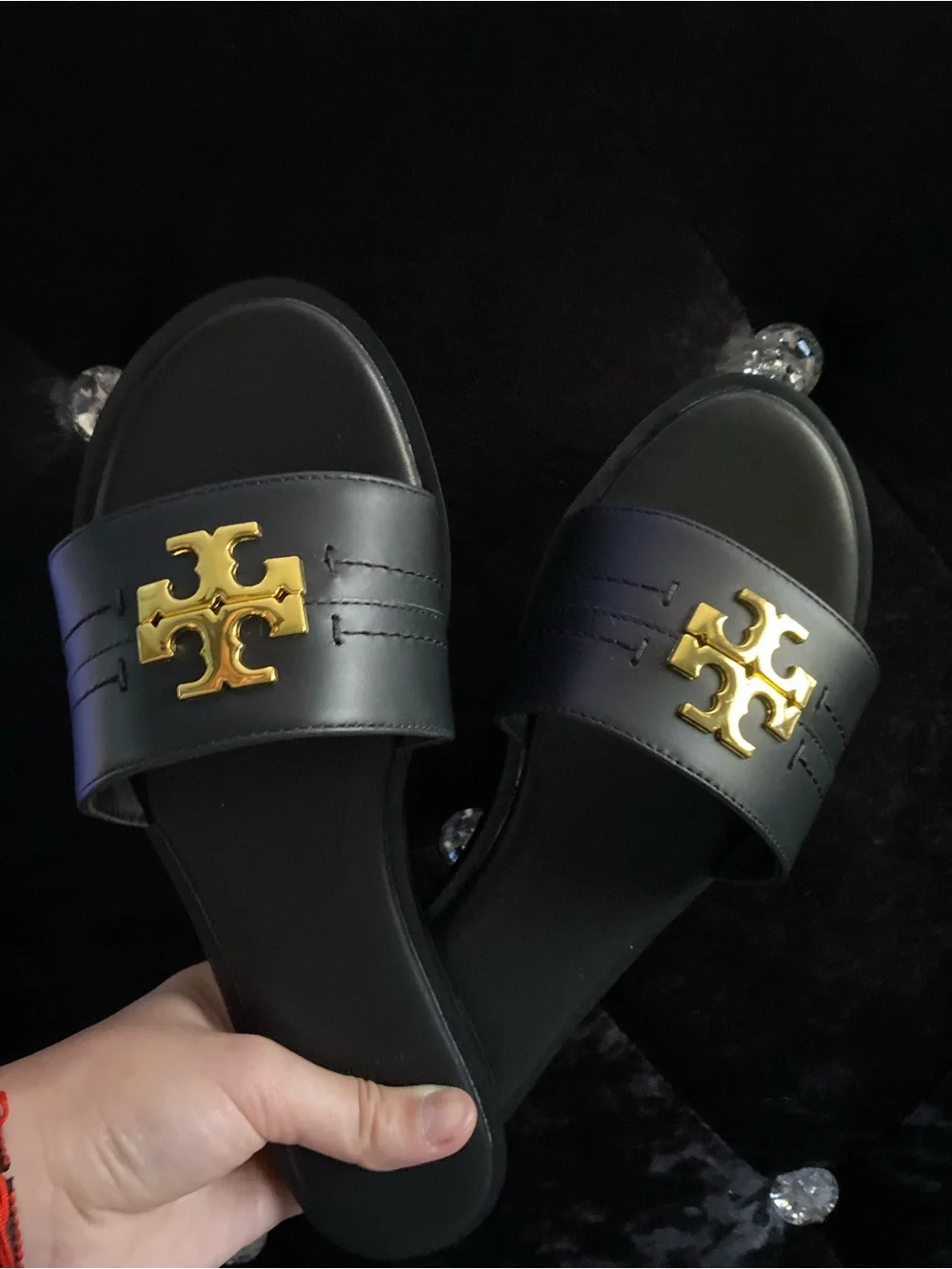 Tory Burch Black Leather Slides with Gold Logo Hardware